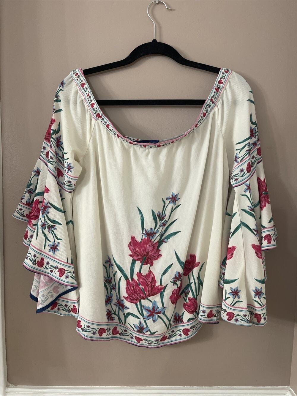 Blue Rain Top Womens M Boho Floral Peasant Off Shoulder Bell Sleeve Cream Red